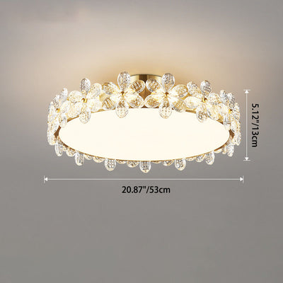 Contemporary Creative Cylindrical Cherry Blossom Copper Glass Crystal LED Semi-Flush Mount Ceiling Light For Living Room