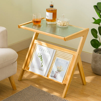 Contemporary Creative Rectangular Geometric Bamboo Glass Side Table 1-Shelf For Living Room