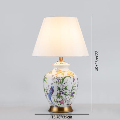 Traditional Chinese Oval Round Table Flower Bird Ceramic Iron Fabric 1-Light Table Lamp For Bedroom