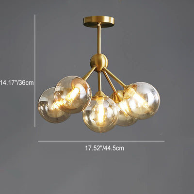 Modern Minimalist Branch Multi Orb All Copper Glass 3/5 Light Semi-Flush Mount Ceiling Light For Living Room