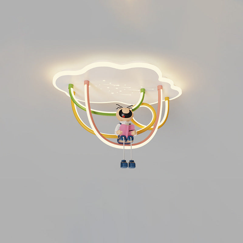 Contemporary Creative Cartoon Astronaut Cloud Iron Aluminum Rainbow Curve LED Kids Flush Mount Ceiling Light For Bedroom