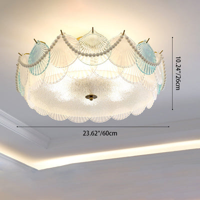 Traditional French Shell Textured Glass Round Shade Pearl Decor 5/8-Light Semi-Flush Mount Ceiling Light For Living Room