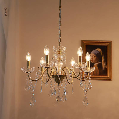 Traditional French Round Branch Crystal Candelabra Full Brass Glass 5/6/8 Light Chandelier For Living Room