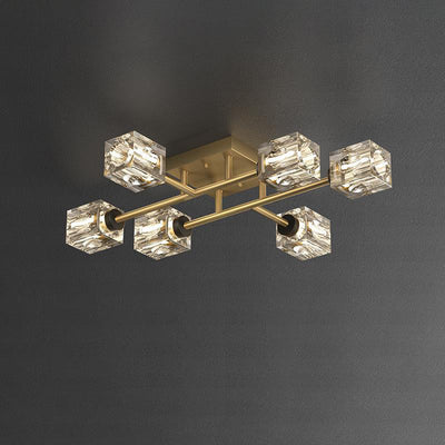 Contemporary Luxury Branch Rectangle Full Copper Crystal 4/6/8 Light Semi-Flush Mount Ceiling Light For Living Room