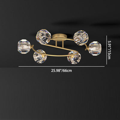 Contemporary Luxury Round Curved Pole Copper Crystal 2/6/8 Light Semi-Flush Mount Ceiling Light For Living Room