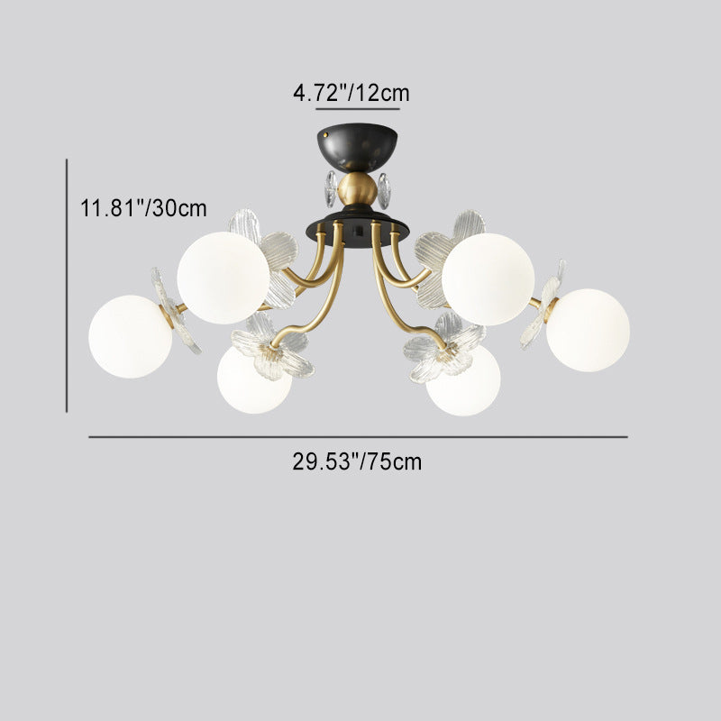 Contemporary Luxury Full Copper Petal Glass Shade 3/6/8-Light Semi-Flush Mount Ceiling Light For Living Room