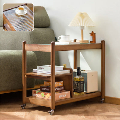 Modern Simplicity Rectangular Glass Top Wood Frame Side Table 2-Tier For Living Room