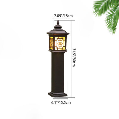 Traditional Chinese Waterproof Palace Roof Rectangular Pillar Aluminum Glass 1-Light Outdoor Lawn Landscape Light For Garden