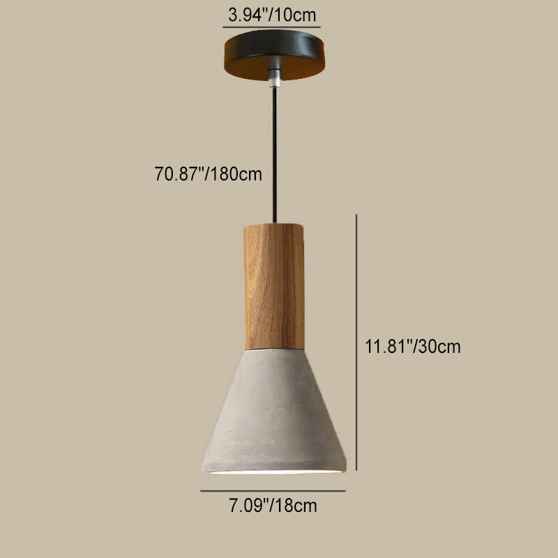 Contemporary Industrial Round Cone Triangle Cement Rubber Wood 1-Light Pendant Light For Living Room