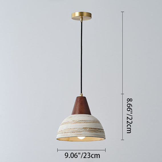 Contemporary Retro Ceramic Bowl Shape Wood 1-Light Pendant Light For Living Room