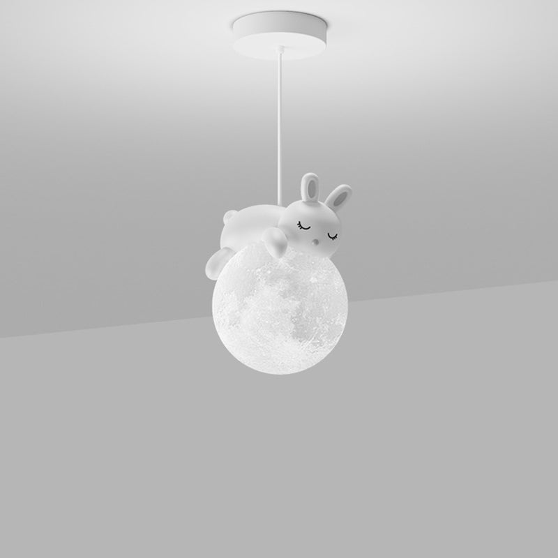 Contemporary Creative Resin Animal Rabbit Moon 1-Light Kids Pendant Light For Living Room