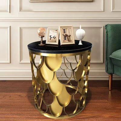 Modern Luxury Round Cylinder Scale Shape Marble Titanium Coffee Table For Living Room