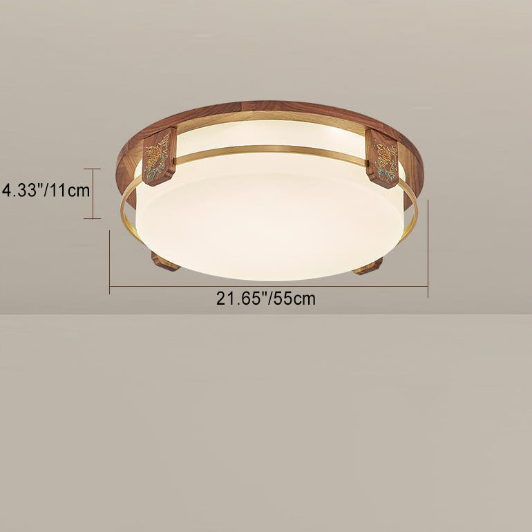 Traditional Chinese Walnut Copper Acrylic Round Square Rectangular LED Flush Mount Ceiling Light For Living Room