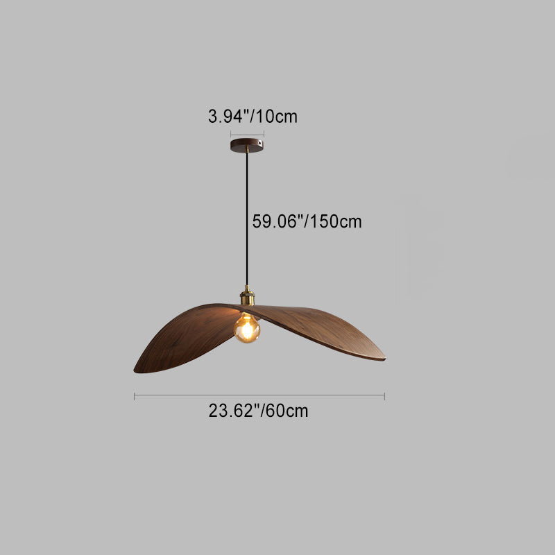 Traditional Japanese Arc Walnut Wood Grain Leaf-Shaped 1-Light Pendant Light For Dining Room