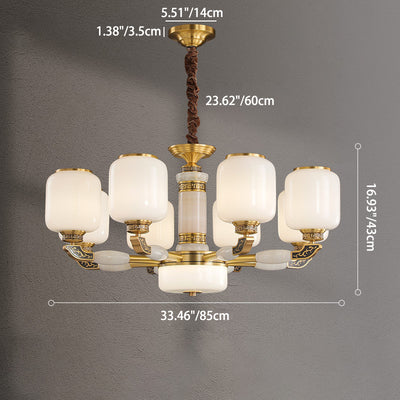 Traditional Chinese Cylinder Brass Jade Glass 6/8/10/15 Lights Chandelier For Living Room