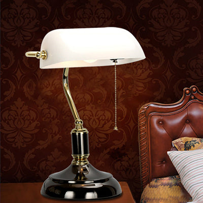 Traditional Vintage Glass Metal Pull Cord Switch 1-Light Bank Table Lamp For Bedroom