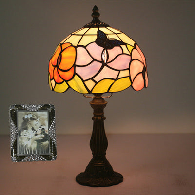 Traditional Tiffany Dome Flower Zinc Alloy Glass 1-Light Table Lamp For Bedside