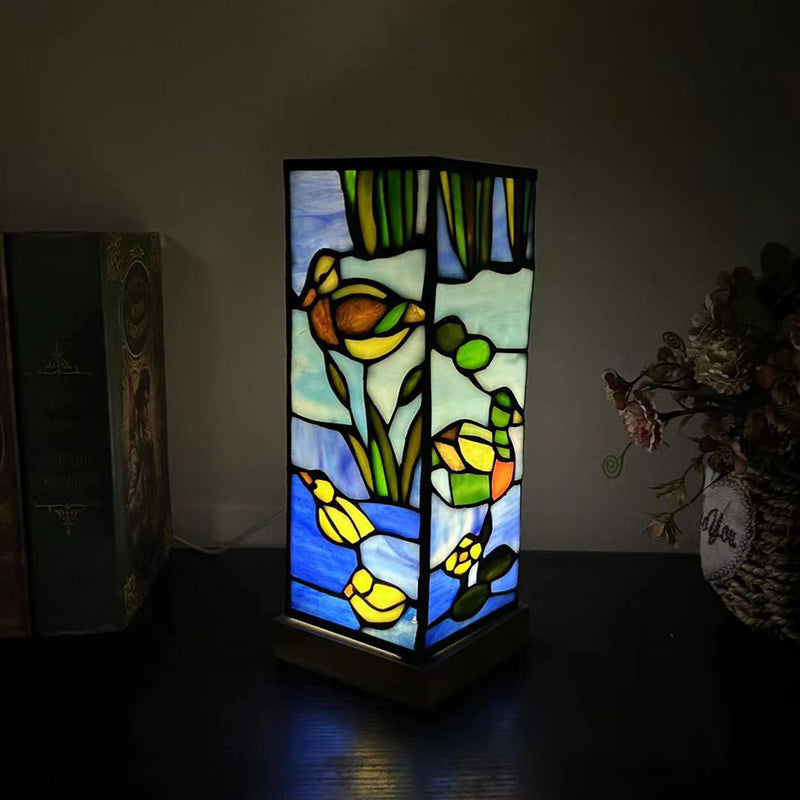 Modern Art Deco Rectangular Bamboo Wood Glass LED Table Lamp For Bedroom