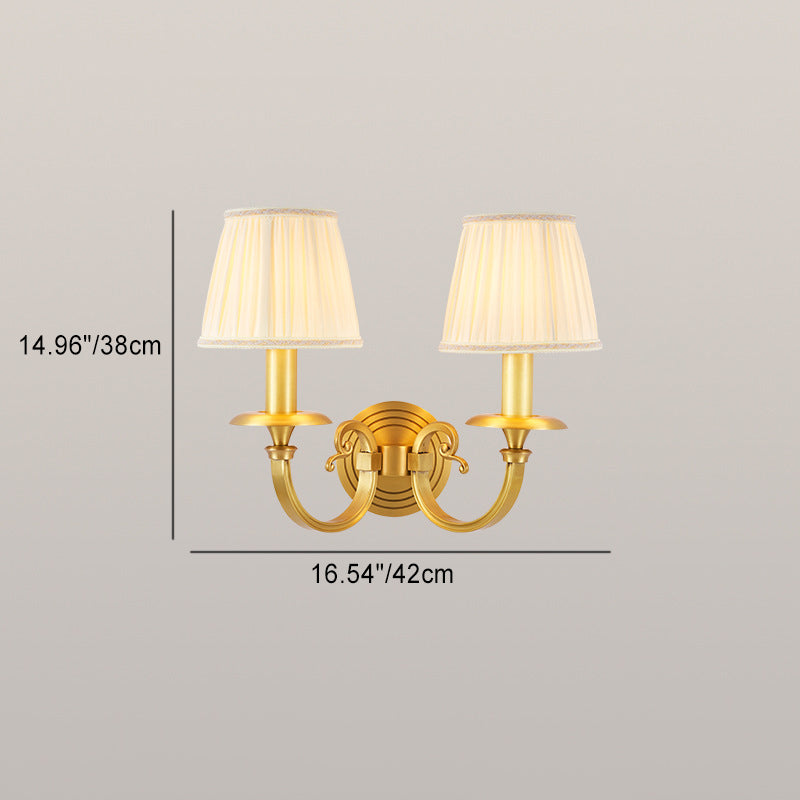 Modern Luxury Full Copper Frame Pleated Fabric Shade 1/2-Light Wall Sconce Lamp For Living Room