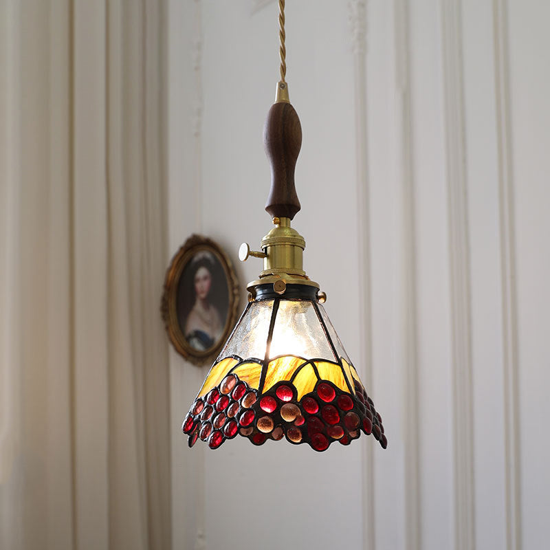 Traditional Vintage Brass Glass Flower Colored Grapes 1-Light Pendant Light For Dining Room