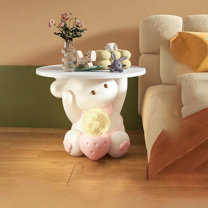 Modern Art Deco Kids Rabbit Round Plate Rectangular Drawer Resin Wood Enamel End Table 1-Drawer With LED Light For Bedroom