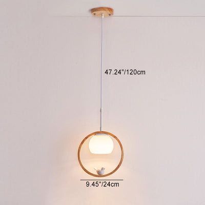 Contemporary Scandinavian Round Bird Wood Glass 1-Light Pendant Light For Living Room