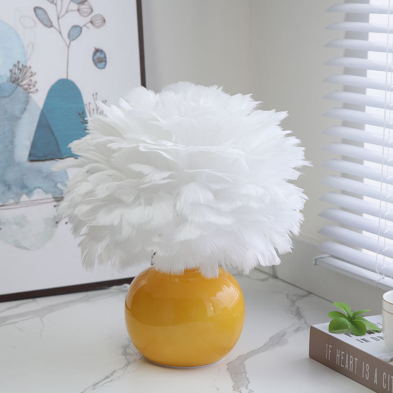 Contemporary Creative Feather Round Base Glass Goose Feather LED Table Lamp For Bedroom