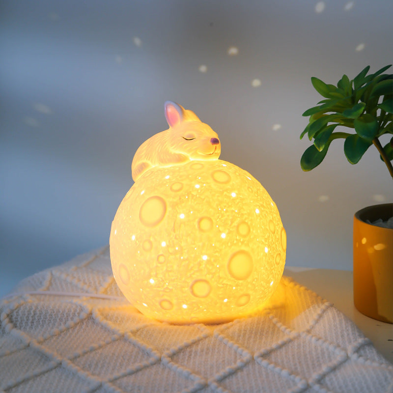 Contemporary Creative Luna Moon Astronaut Rabbit Ceramic LED Table Lamp For Bedroom