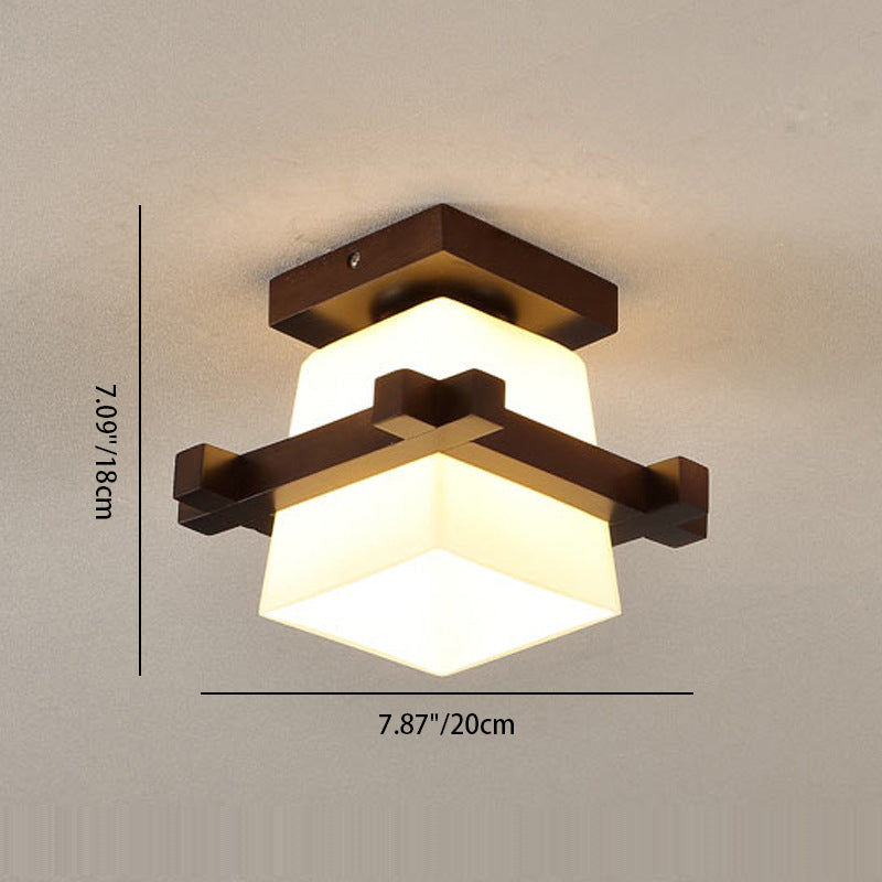 Traditional Japanese Wood Frame Glass Column 1-Light Semi-Flush Mount Ceiling Light For Living Room