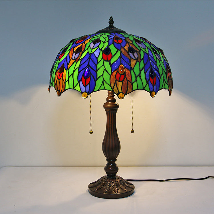 Traditional Tiffany Stained Glass Peacock Sunflower Resin Base 2-Light Table Lamp For Study