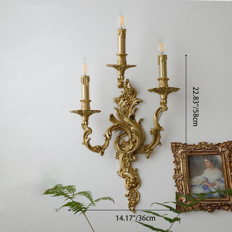 Traditional French Luxury Brass Candelabra Carved 2/3 Light Wall Sconce Lamp For Bedroom