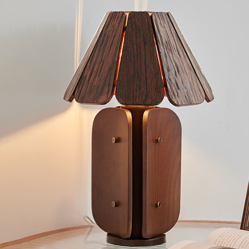 Contemporary Retro Rectangular Cone Brass Solid Wood 1-Light Table Lamp For Living Room