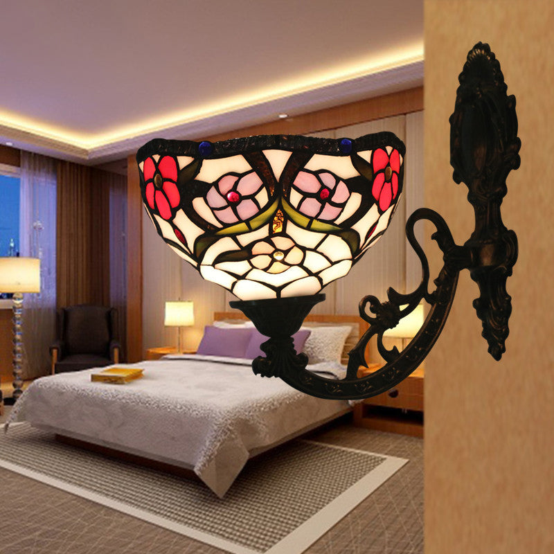 Traditional Tiffany Half Circle Hardware Stained Glass 1-Light Wall Sconce Lamp For Bedroom