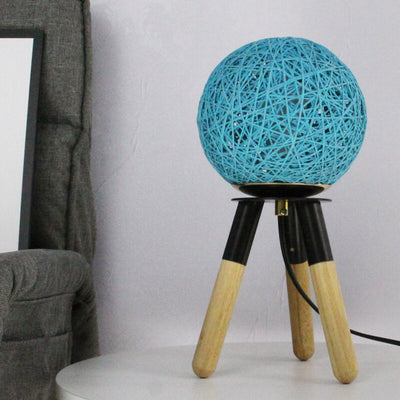 Contemporary Nordic Rattan Ball Wood Tripod 1-Light Table Lamp For Bedroom