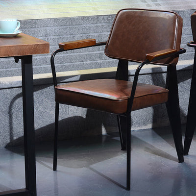 Contemporary Industrial Leather Metal Sponge Wood Square Vertical Stripe Dining Chair Backrest Armrest For Dining Room