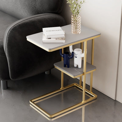 Contemporary Nordic Rectangular Rock Slab Metal End Table 2-Tier For Living Room