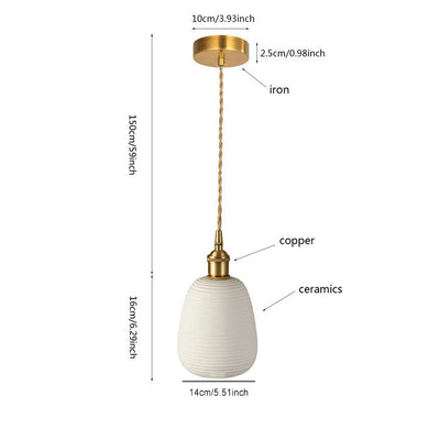 Contemporary Nordic Irregular Cylinder Stripe Ceramic Copper 1-Light Pendant Light For Living Room