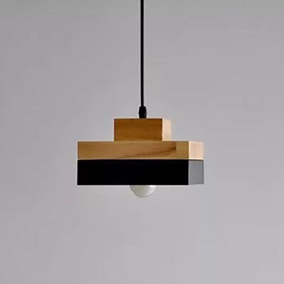 Modern Minimalist Macaron Square Iron Wood 1-Light Pendant Light For Living Room