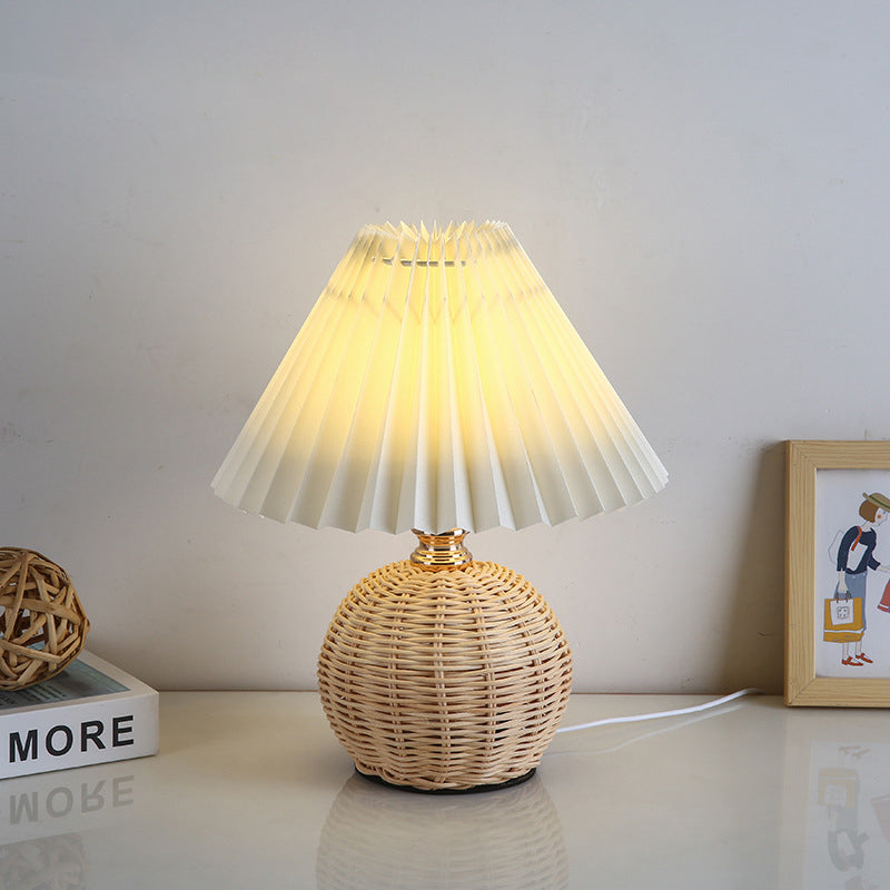 Contemporary Nordic Rattan Fabric Pleated Conic Ball LED Table Lamp For Bedroom