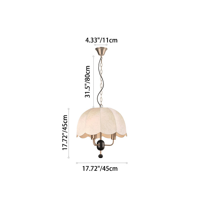 Traditional French Metal Wood Fabric Dome Decorative Border 3-Light Pendant Light For Dining Room