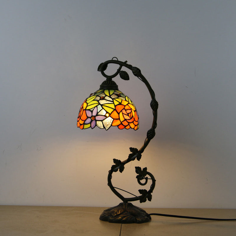 Traditional Tiffany Half Round Flower Vine Resin Stained Glass 1 Light Table Lamp For Bedroom