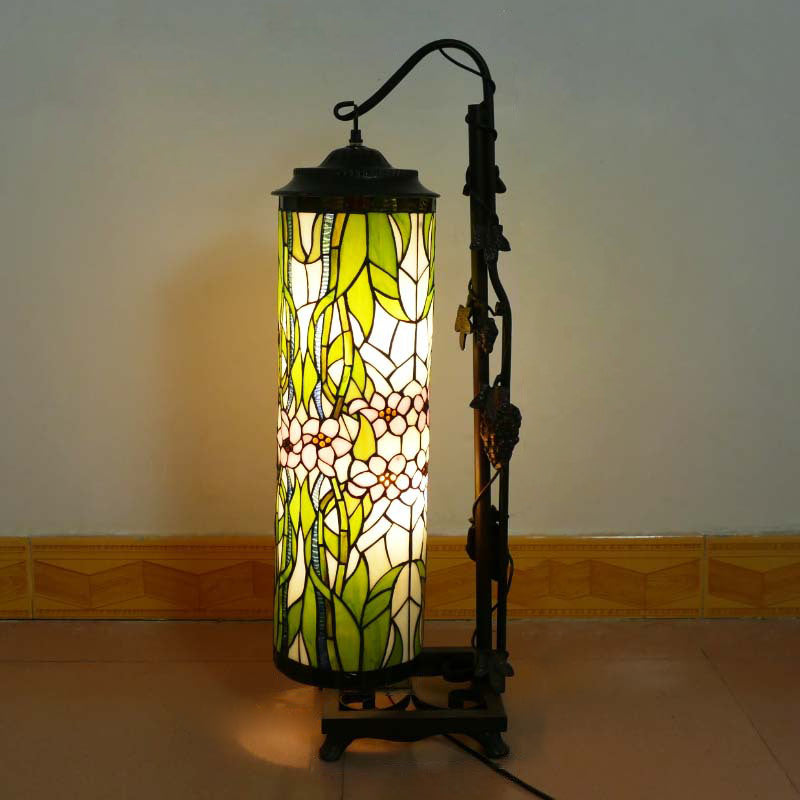 Traditional Tiffany Column Iron Glass 2-Light Standing Floor Lamp For Living Room