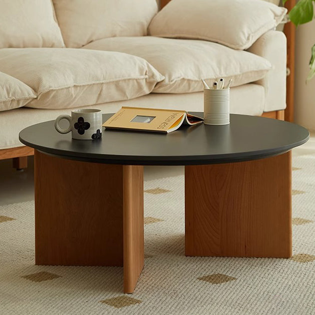 Contemporary Nordic Round Rock Board Wood Base Coffee Table For Living Room