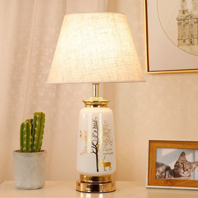 Traditional European Cylinder Ceramic Hardware Fabric 1-Light Table Lamp For Bedroom