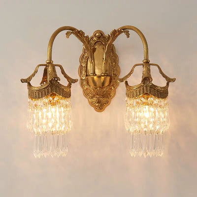 Traditional French Carved Leaf Brass Crystal 1/2 Light Wall Sconce Lamp For Bedroom