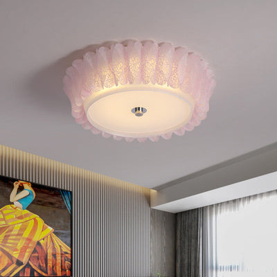 Contemporary Nordic Iron Acrylic Round Pleat Lace LED Flush Mount Ceiling Light For Bedroom