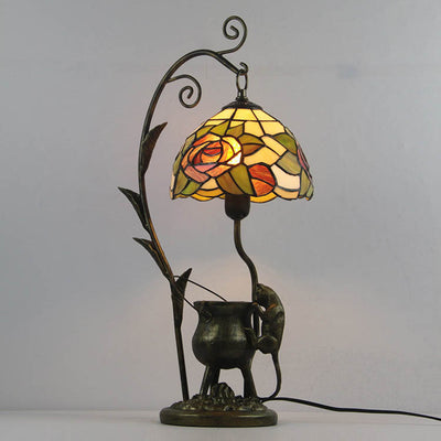 Traditional Tiffany Mouse Flower Resin Stained Glass 1-Light Table Lamp For Bedroom