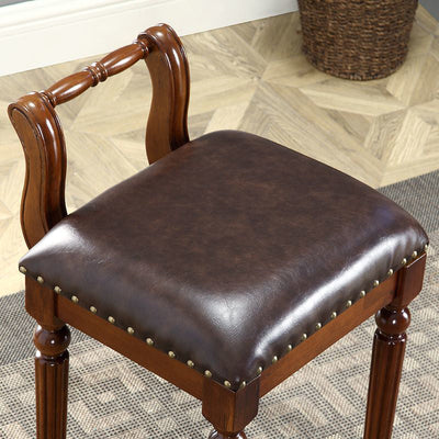 Traditional European Square Tufted Leather Upholstered Vanity Stool Low Back For Bedroom