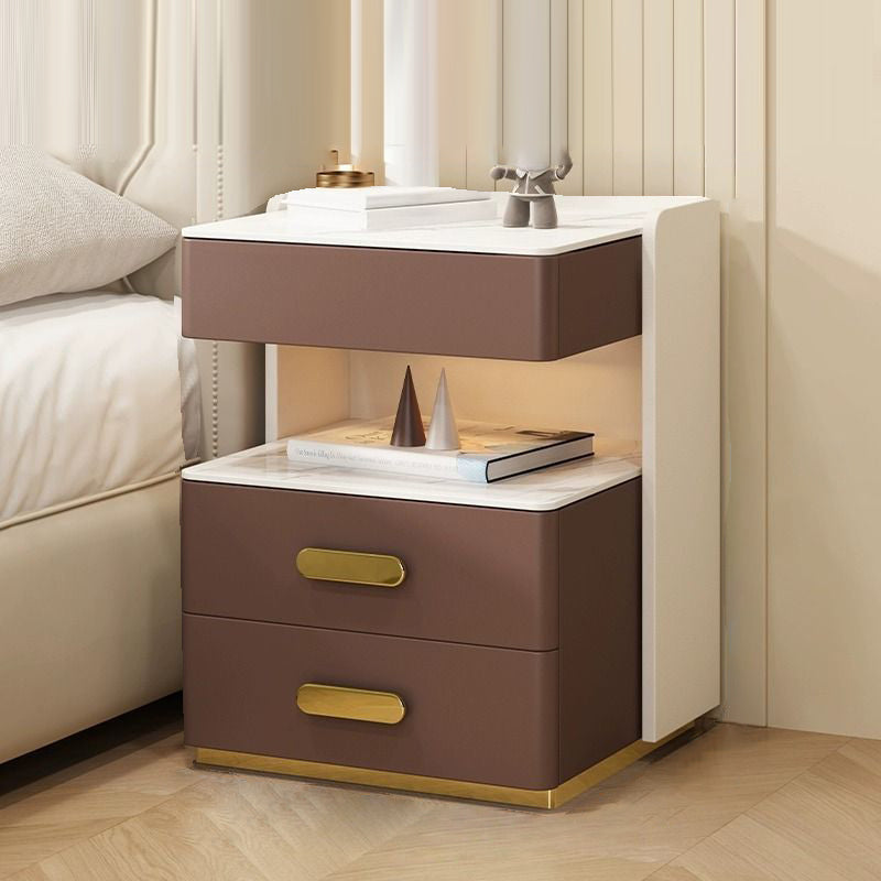 Contemporary Luxury Rectangular Rock Slab Solid Wood Leather Nightstand 2-Drawer For Bedroom