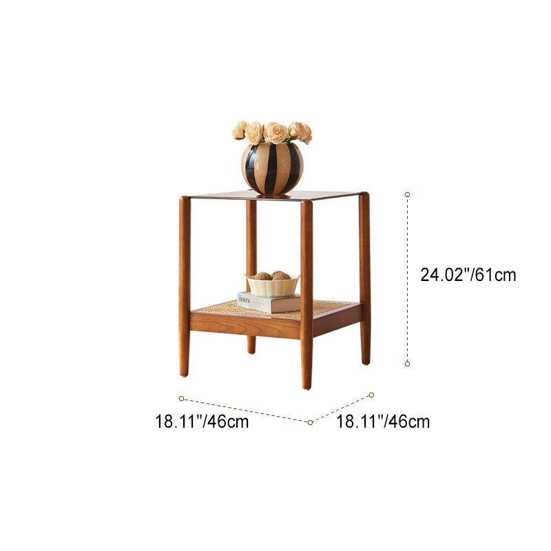 Traditional Japanese Weaving Square Ash Wood Glass End Table 2-Tier For Living Room